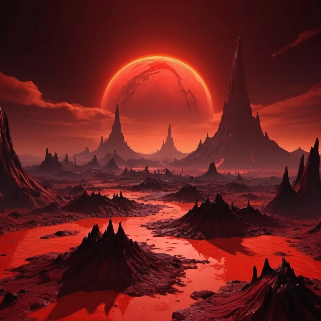 Prompt: (crimson hell biome), anime style, dark color scheme, molten hot popping volcanoes, eerie atmosphere, multiple floating hellish islands, (dramatic lighting), (vivid red hues), ominous shadows, mysterious landscape, distant fiery glow of the red planet, rich textures, ultra-detailed, (high quality) 4K resolution.