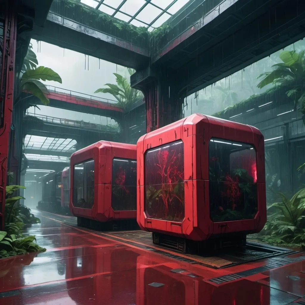 Prompt: cube with a rain forest in the back, a cyberpunk styled train station on the left, a dark red crimson hell area on the right with no view of the front