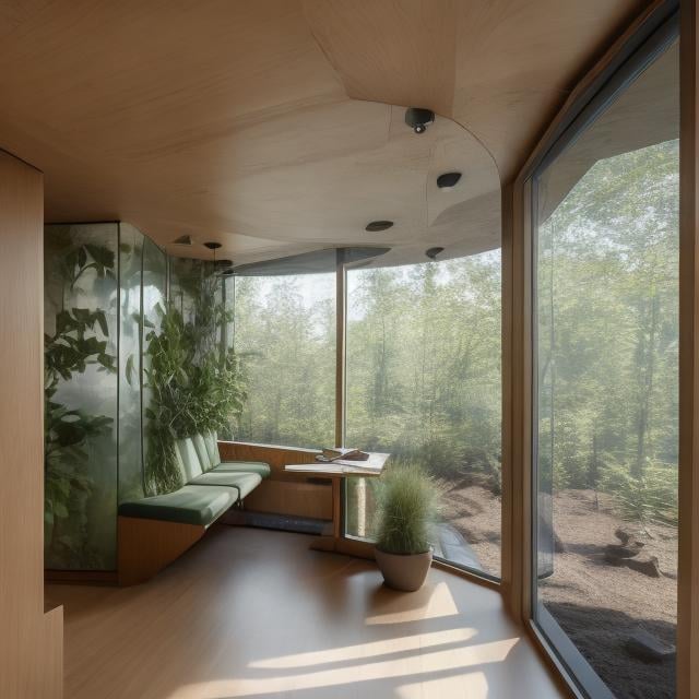 Prompt: A VOLUME OBSORBING NATURAL LIGHT, HAS COZY SEATING, WITH PRIVATE BARRIERS AND BIOPHILIC FEATURES INCLUDING A DESK

