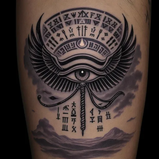 Prompt: "Egyptian Eye of Horus tattoo design, traditional style, black ink, with wings and hieroglyphs, symmetrical, high detail"