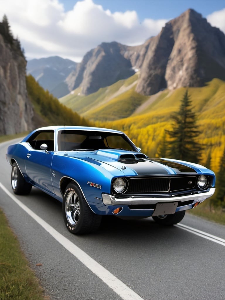 Prompt: generate a muscle car running at mountain side
