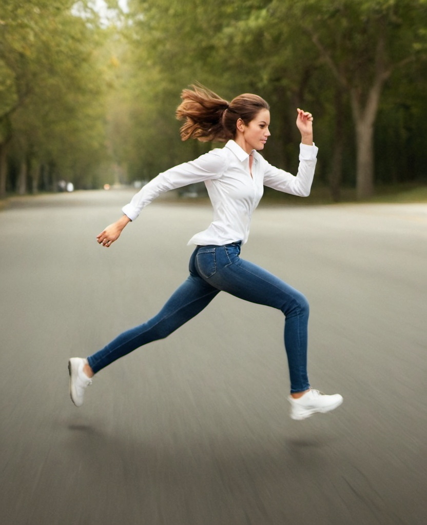 Prompt: Generate a high-definition, realistic image of a girl in her 20s running, wearing jeans and a white shirt. The girl should be facing away from the camera, with her right side turned towards the lens. Make sure she is dressed professionally in jeans and a shirt. The image should look like it was captured with a high-quality, professional camera, focusing on natural motion and a lively expression. The background should be plain or minimal to emphasize the subject and the dynamic movement of her run.