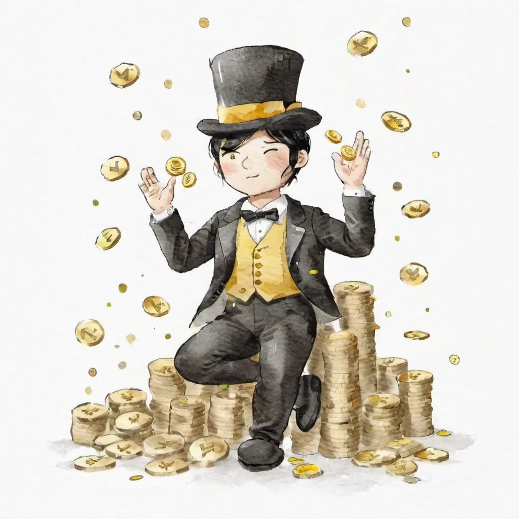 Prompt: Small Character with black hair, wearing a stylish top hat and an elegant suit, bright yellow accents catching the light, surrounded by piles of gold coins and bills, embodying affluence and wealth, striking a confident pose, glamorous and opulent atmosphere, vivid colors that symbolize prosperity and indulgence.