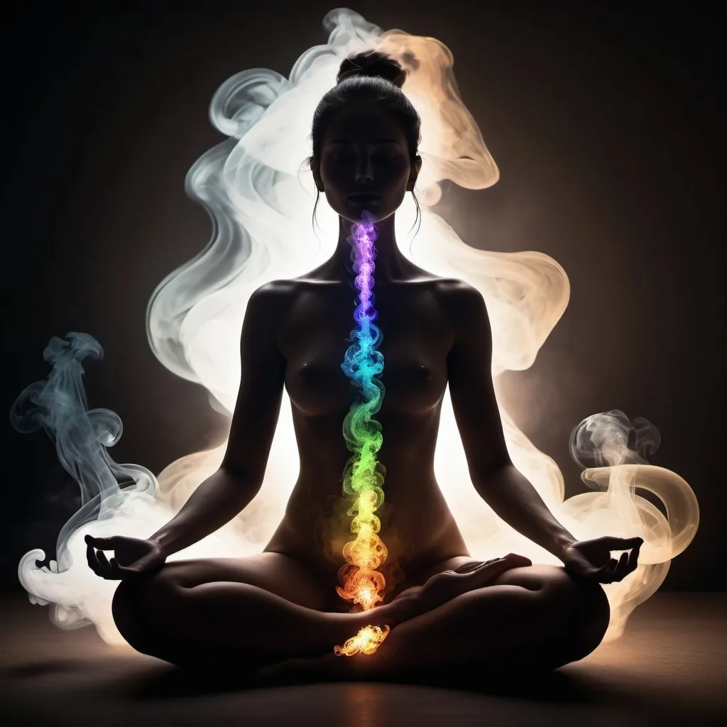 Prompt: sitting woman's silhouette made of smoke wit chakras