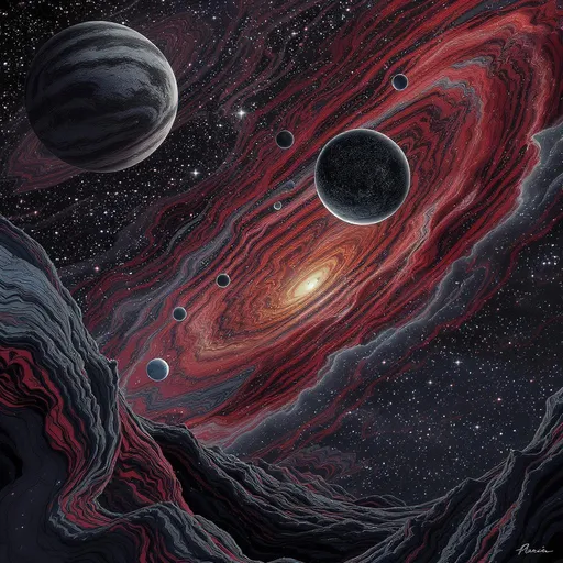 Prompt: We discover that the universe is actually nothing more than the imagination of an alien illustrations, in the style of surreal juxtapositions, indonesian art, red and gray, shige's visual aesthetic style, chinapunk, repetitive rephotography super detailed, intricate maximalist, hyper realistic, photo realistic,High definition, cinematic lighting, 8K, filmed on Arriflex 435 camera, 50mm Arri Prime lenses, 3-Perf standard film stock, Rec 709 color grade, lit with high-key lightning to create a soft and ethereal feel