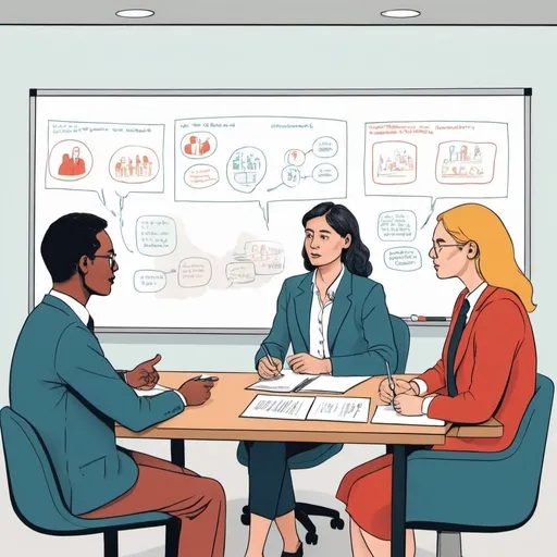 Prompt: colour illustration of 3 people from different generations in a discussion in a meeting room with a whiteboard
