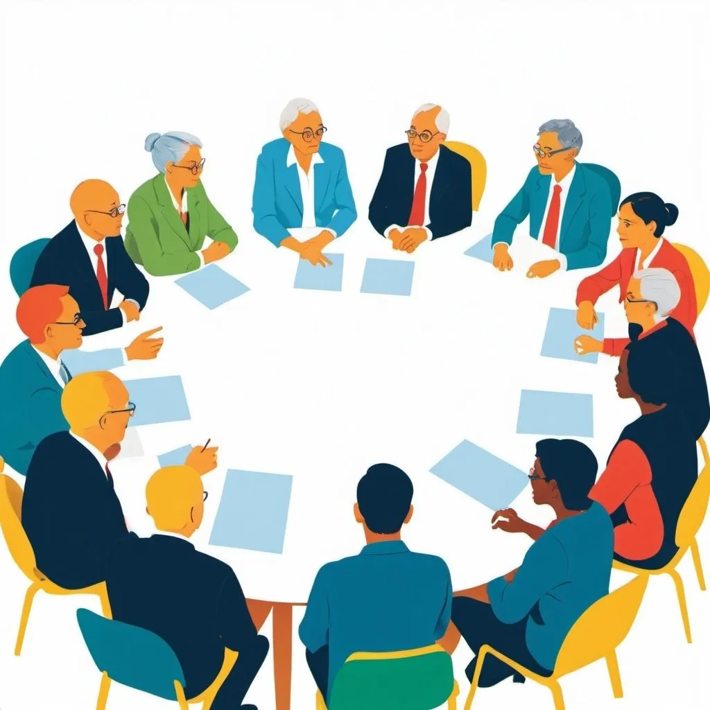 Prompt: colour illustration of 10 people from different generations in a discussion at a business workshop