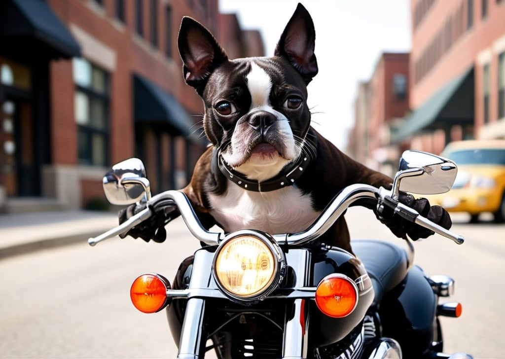 Prompt: Boston terrier riding harley daviddon realistic funny photo