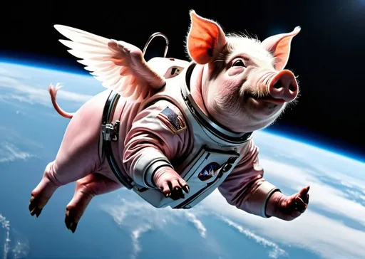 Prompt: A pig flying in space in nasa suit realistic photo