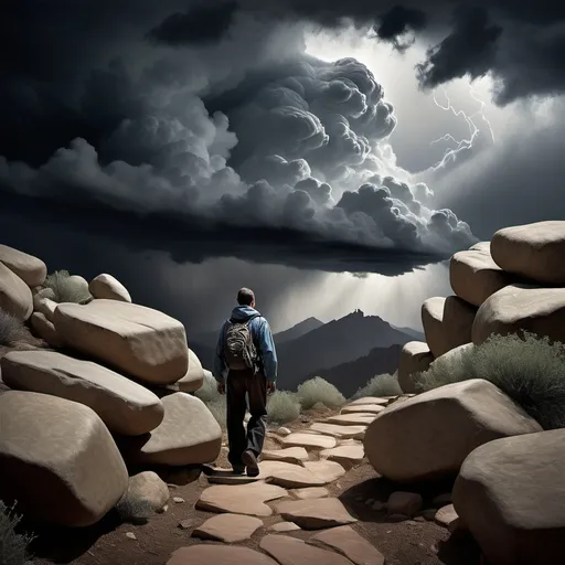 Prompt: In creating an image prompt for "Overcoming Fear and Achieving the Extraordinary: A Look at Perseverance and Risk-Taking," the central figure embodies determination and strength, navigating a treacherous, winding mountain path fraught with obstacles like boulders and thorny bushes, symbolizing the challenges of perseverance. Storm clouds loom above, casting shadows of fear and uncertainty, while a distant, serene sunrise hints at the extraordinary achievement awaiting at the summit. The figure takes a leap over a chasm, representing risk-taking, and is accompanied by a broken chain, signifying freedom from constraints, and a bird soaring towards the sunrise, embodying the pursuit of freedom and the risks taken to reach the goal. The color palette contrasts dark tones for the stormy skies and obstacles with bright, golden hues for the sunrise and landscape, highlighting the transition from fear to triumph. The style blends realism in the figure and landscape with abstract elements like the storm clouds and symbolic objects, crafting a narrative of a person's journey from facing fears to achieving the extraordinary, all without words.