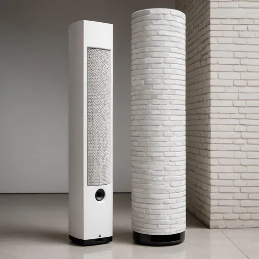 Prompt: A tall pillar-shaped speaker with a visible speaker, surrounded by a clear and obvious spiral pattern made of small white bricks.