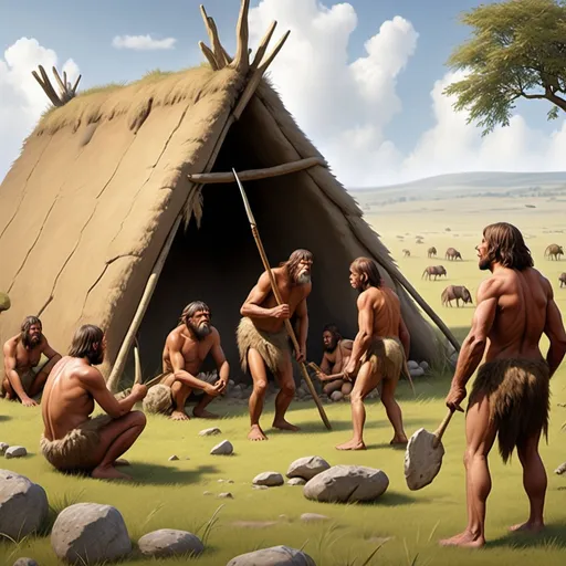 Prompt: Stone Age humans lived in groups on the grasslands and hunted with stone tools