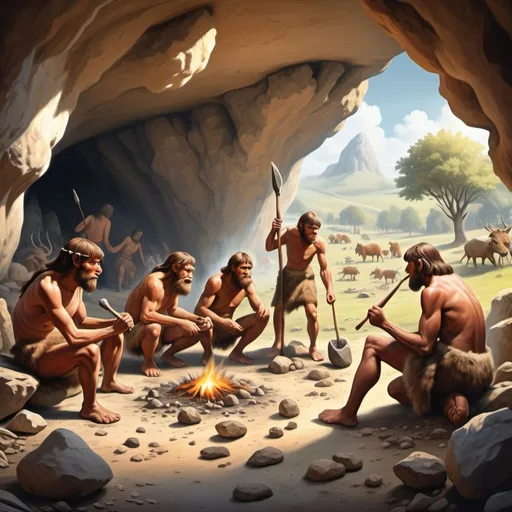 Prompt: Stone Age humans, living in groups in caves, making stone tools, making fires, some people hunting in the back, sunny day