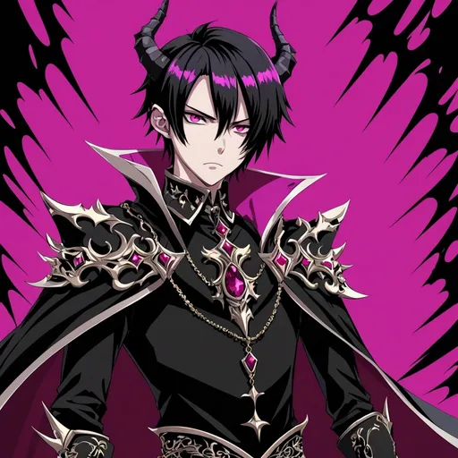 Prompt: a character portrait of an anime boy with smooth emo hair and long black jagged horns, with royal clothing with a magenta jewel, holding a small dagger, he is an evil prince with a long collared cape, white background