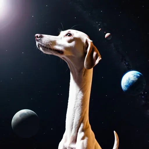 Prompt: Dog with long neck that goes to outerspace