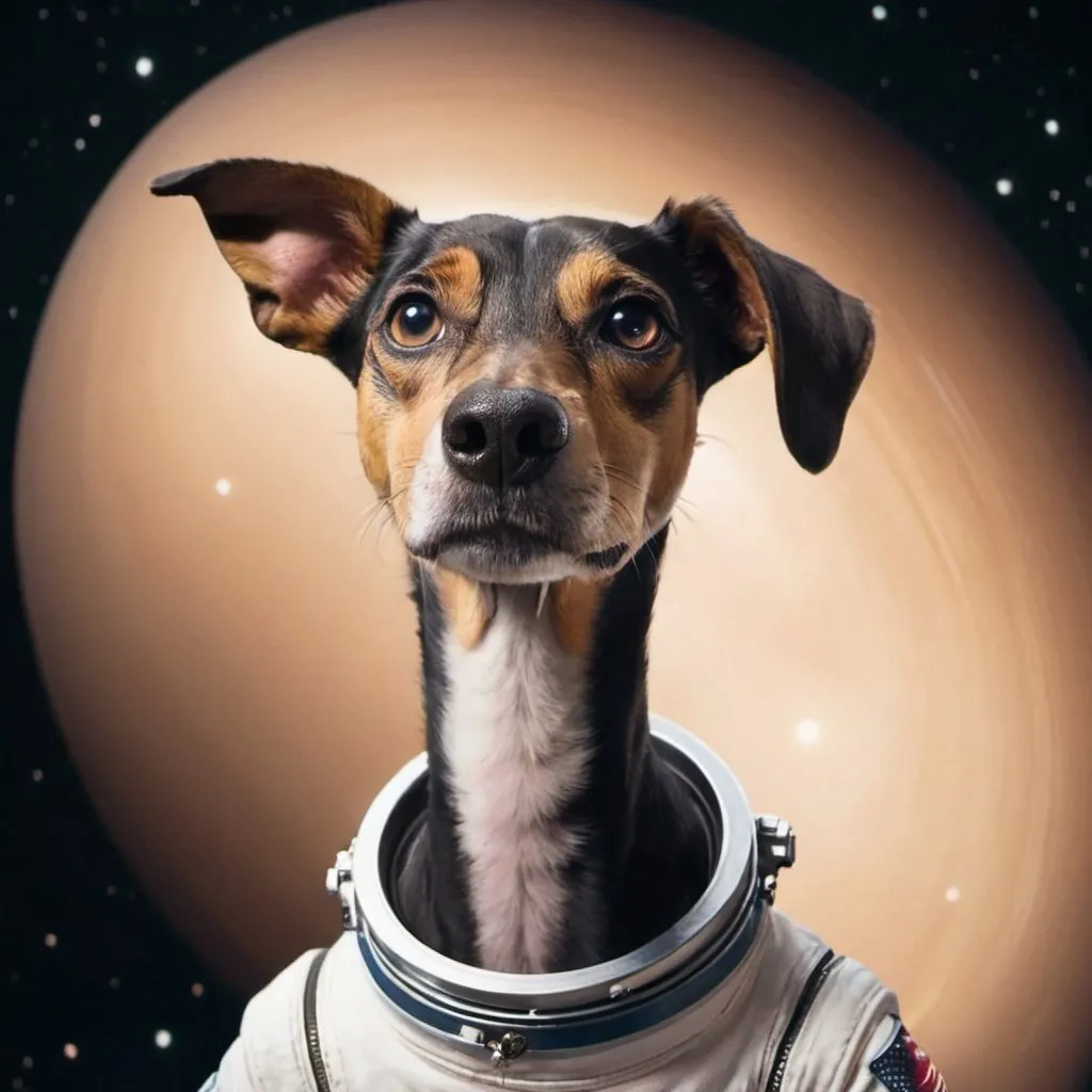 Prompt: Dog with long neck that goes to outerspace