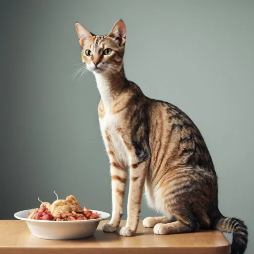 Prompt: Cat with human body and long neck with food
