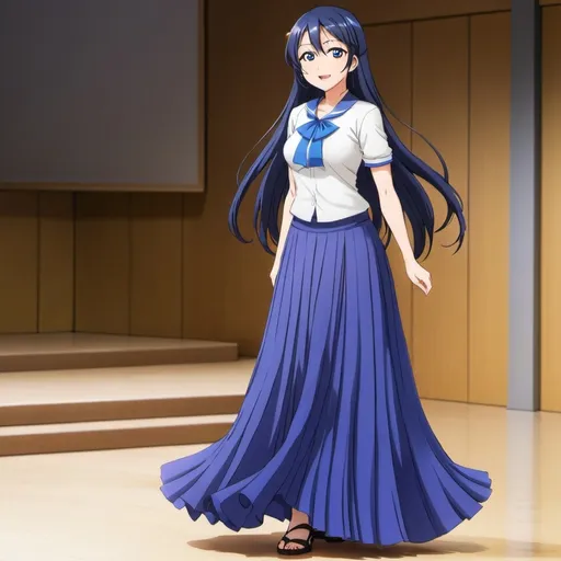 Prompt: Love live anime Umi Sonoda wearing a floor-length maxi long pleated skirt that is very long.