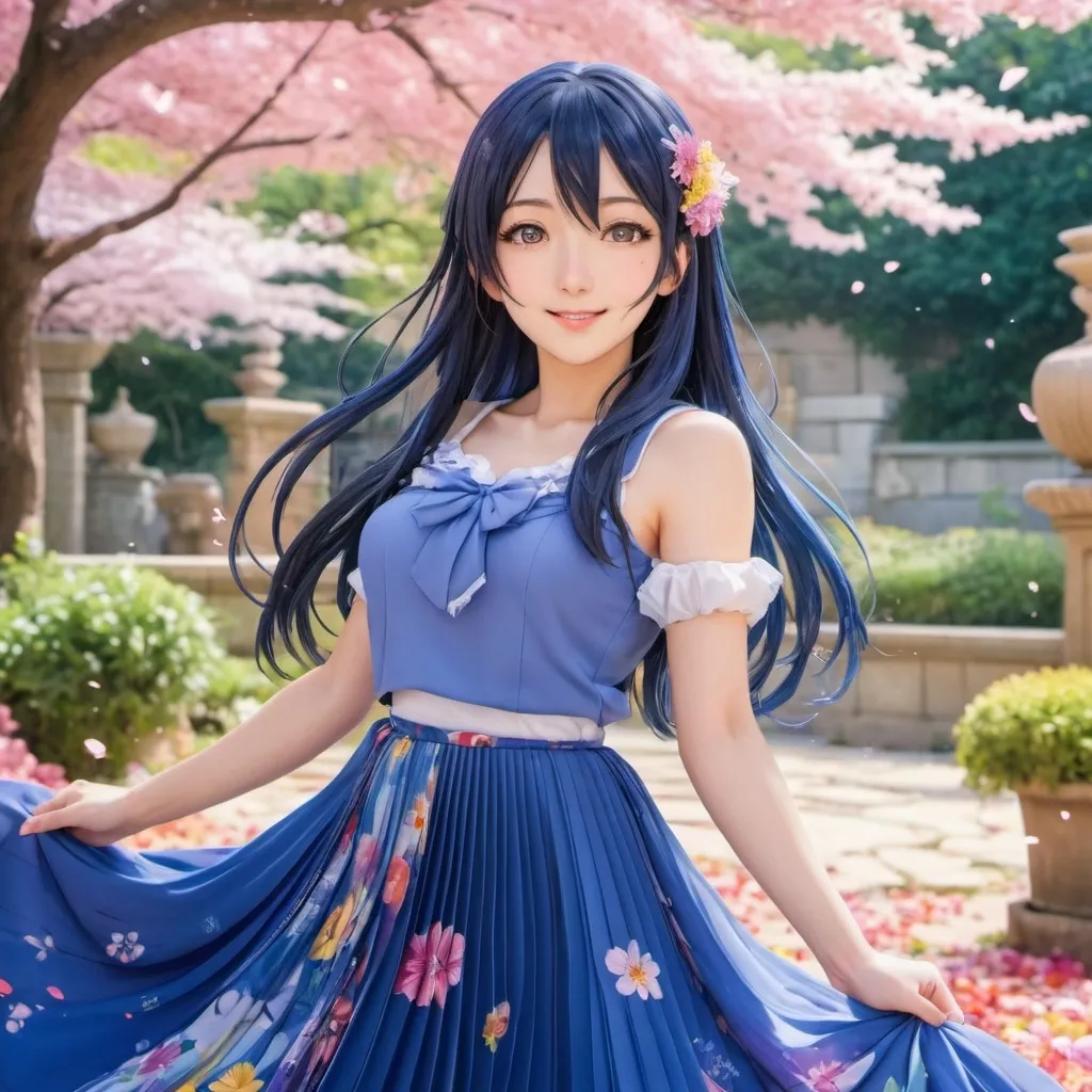 Prompt: Love live anime Umi Sonoda wearing a floor-length maxi long pleated skirt that is very long.