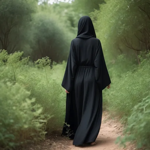 Prompt: A girl wearing an abaya that covers her back, in a land with little vegetation and a green forest