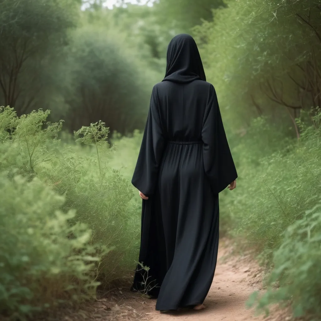 Prompt: A girl wearing an abaya that covers her back, in a land with little vegetation and a green forest