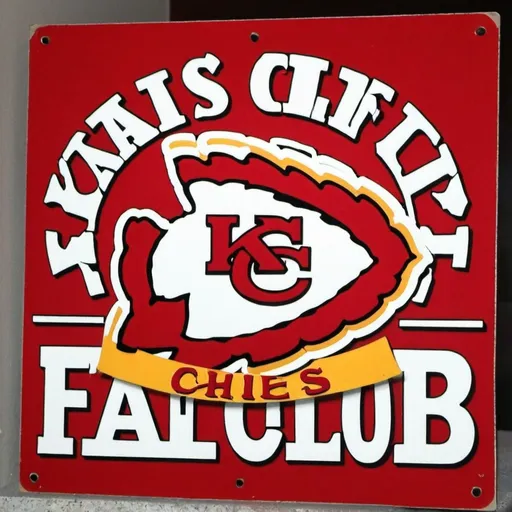 Prompt: A sign saying Kansas City chiefs fan club with a chiefs Logo
