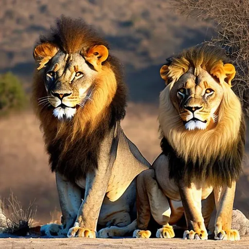 Prompt: Please create two female and male lion that the female lion has crown and the male lion sit down and the female lion is stand up 