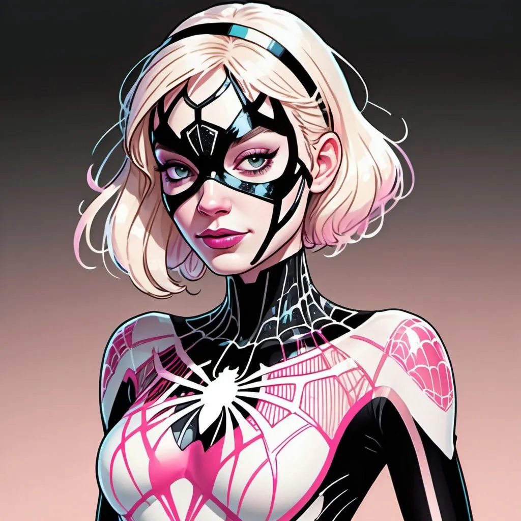 Prompt: detailed ink sketch of a cyborg Spider Gwen wearing a sheer, see through lace leotard, sweaty and flushed, rosy cheeks, softly glowing highlights, in muted pastel colors, intricate, detailed, maximalist, in 8k resolution