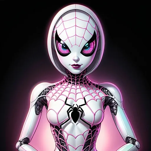 Prompt: colorful pen & ink sketch of a disrobed doll like metalic spindly pastel pink robot Spider Gwen with brightly glowing dichromatic eyes, wearing a lace leotard suit, softly glowing highlights, in muted pastel colors, hyper-realistic, intricate, detailed, maximalist, in 8k resolution