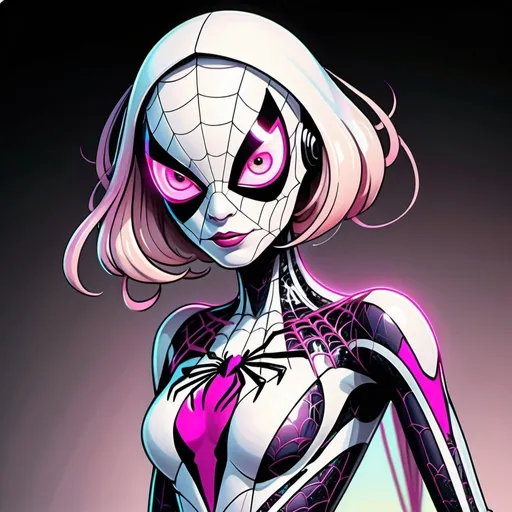 Prompt: colorful pen & ink sketch of a disrobed doll like metalic spindly pastel pink robot Spider Gwen with brightly glowing dichromatic eyes, wearing a lace leotard suit, softly glowing highlights, in muted pastel colors, hyper-realistic, intricate, detailed, maximalist, in 8k resolution