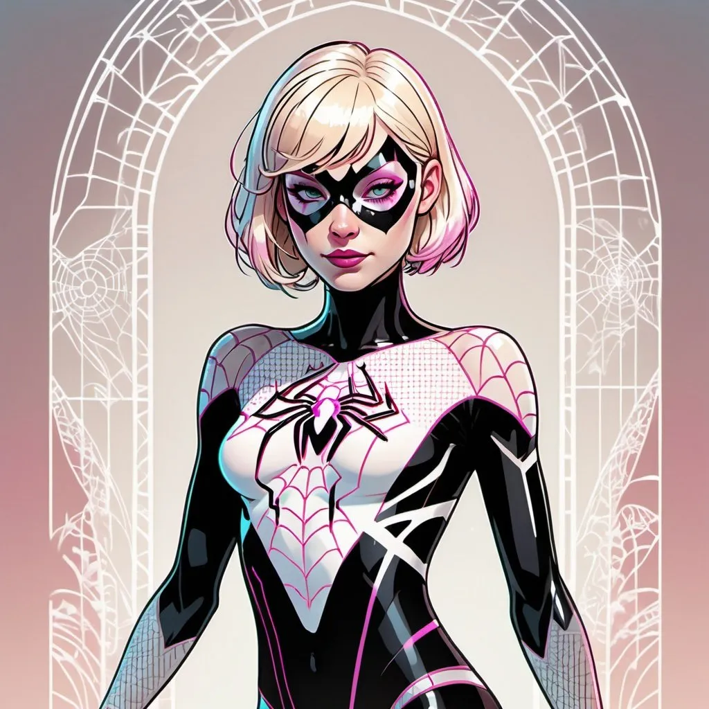 Prompt: detailed ink sketch of a cyborg Spider Gwen wearing a sheer, see through lace leotard, sweaty and flushed, rosy cheeks, softly glowing highlights, in muted pastel colors, intricate, detailed, maximalist, in 8k resolution