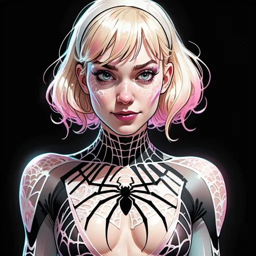 Prompt: detailed ink sketch of a cyborg Spider Gwen wearing a sheer, see through lace leotard, sweaty and flushed, rosy cheeks, softly glowing highlights, in muted pastel colors, intricate, detailed, maximalist, in 8k resolution