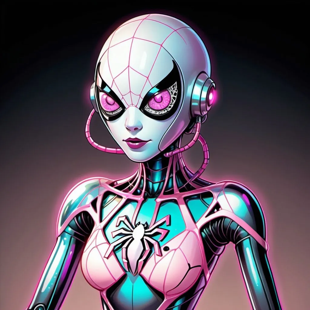 Prompt: colorful pen & ink sketch of a disrobed doll like metalic spindly pastel pink robot Spider Gwen with brightly glowing dichromatic eyes, wearing a lace leotard suit, softly glowing highlights, in muted pastel colors, hyper-realistic, intricate, detailed, maximalist, in 8k resolution