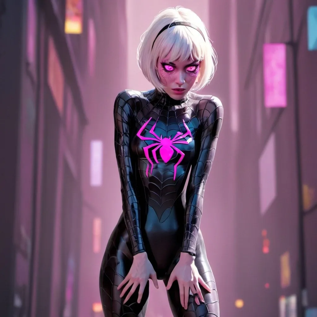 Prompt: cyborg Spider Gwen with brightly glowing dichromatic eyes, wearing a sheer, see through ripped and threadbare lace leotard suit, looks sweaty and flushed, with rosy cheeks and a glistening forehead, softly glowing highlights, in muted pastel colors, intricate, detailed, maximalist, in 8k resolution