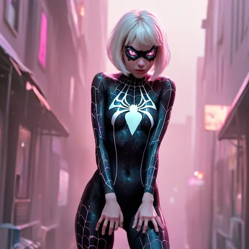 Prompt: cyborg Spider Gwen with brightly glowing dichromatic eyes, wearing a sheer, see through ripped and threadbare lace leotard suit, looks sweaty and flushed, with rosy cheeks and a glistening forehead, softly glowing highlights, in muted pastel colors, intricate, detailed, maximalist, in 8k resolution