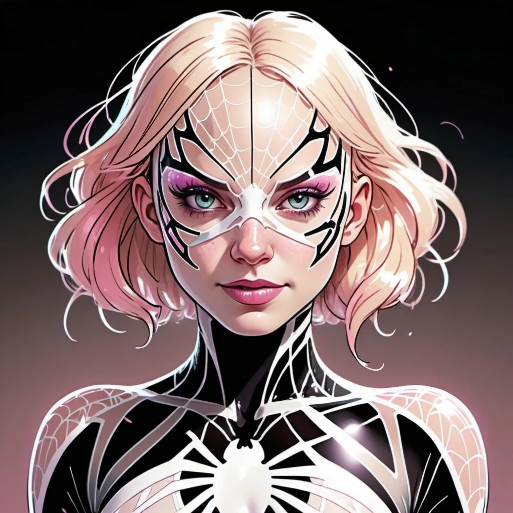 Prompt: detailed ink sketch of a cyborg Spider Gwen wearing a sheer, see through lace leotard, sweaty and flushed, rosy cheeks, softly glowing highlights, in muted pastel colors, intricate, detailed, maximalist, in 8k resolution