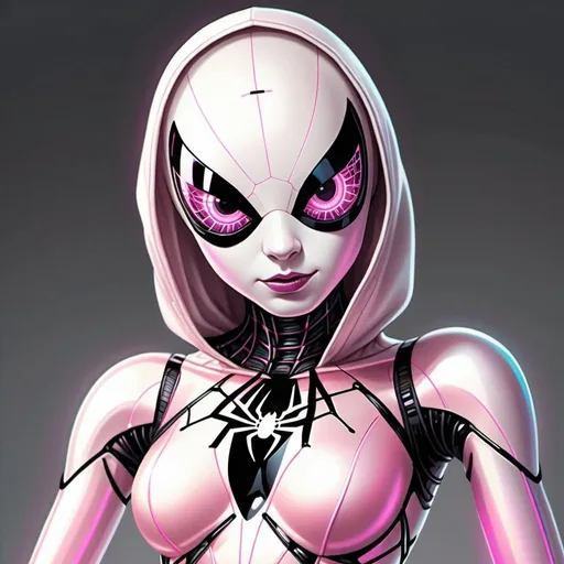 Prompt: colorful pen & ink sketch of a disrobed doll like metalic spindly pastel pink robot Spider Gwen with brightly glowing dichromatic eyes, wearing a lace leotard suit, softly glowing highlights, in muted pastel colors, hyper-realistic, intricate, detailed, maximalist, in 8k resolution