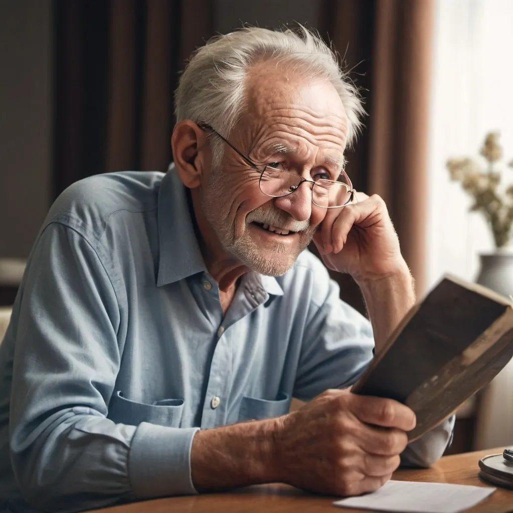 Prompt: image of a successful but old man who is reminiscing about his youthful days 