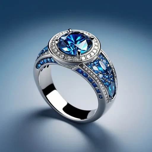 Prompt: Silver ring adorned with (sparkling brilliants), (luminescent glimmers), rich (blue background), elegant and refined design, high gloss finish, dramatic lighting emphasizing sparkle, luxurious mood, ultra-detailed, 4K resolution, vibrant hues of blue enhancing the brilliance of the ring, inviting and sophisticated atmosphere.