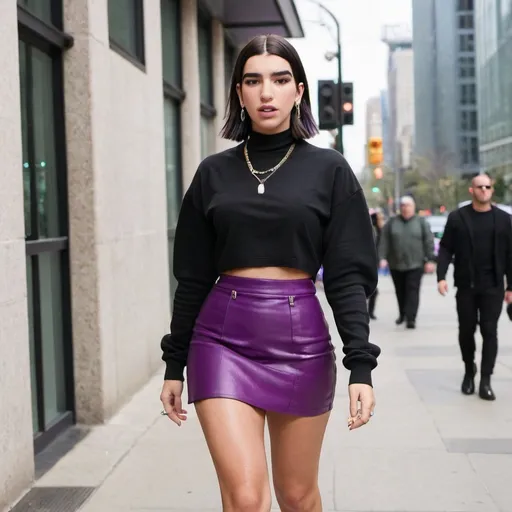 Prompt: Dua Lipa wearing purple skirt