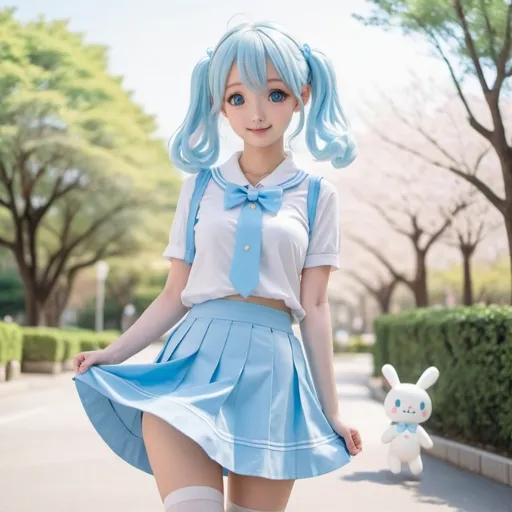 Prompt: Cinnamoroll anime girl wearing light blue skirt