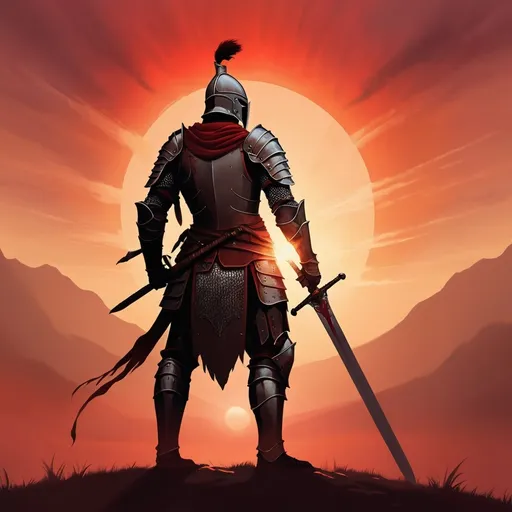 Prompt: Create an image of a warrior standing in his armor with a sword facing the reddish sunset with his back towards the audience