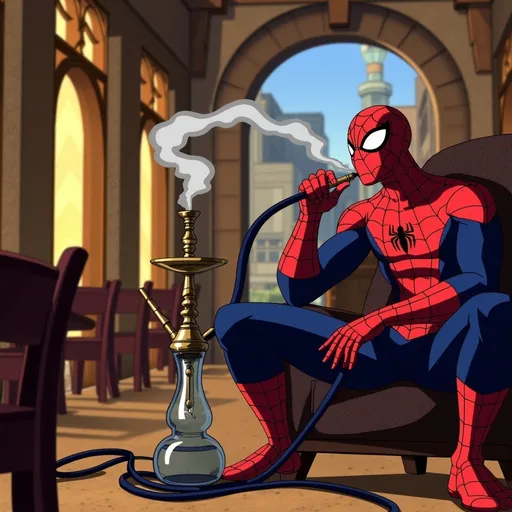 Prompt: Spider-Man (dynamic pose), is sitting on a chair, smoking a medium size Egyptian hookah on the floor holding the hookah tube in hand , exhale the smoke, and traditional Egyptian cafe, intricate decorations, warm ambient lighting, authentic Egyptian architecture, rich colors, cozy atmosphere, cultural elements, hints of street life outside, high detail, ultra-detailed, cinematic composition, vibrant hues, nostalgia, lively coffee house vibe, contrasting shadows.