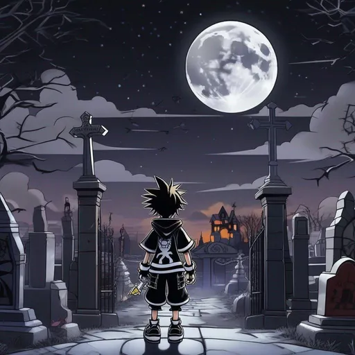 Prompt: A masterpiece, close-up shot of Sora from Kingdom Hearts videogame, stands in the graveyard in Nightmare Before Christmas background, his arms outstretched. The sky is a deep dark, and the clouds are a light withe with Full moon Skelington Face. There is a graffiti mural in the background, written in Keith Haring's signature style. Sora is smiling and his eyes are wide with excitement, spooky, halloween, scary, fantasy, mystical, mist, scary, fantasy, featured on artstation, 8k