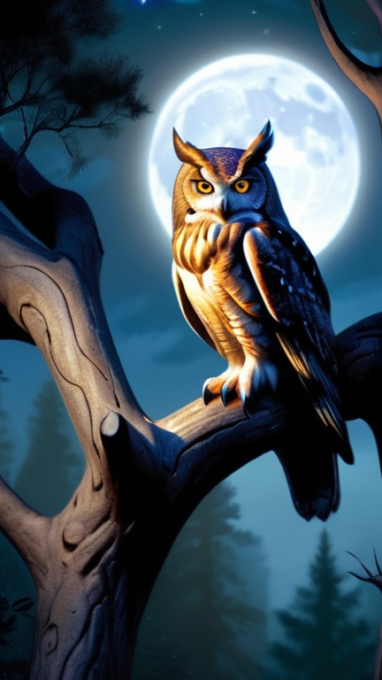 Prompt: A majestic, otherworldly owl (Majestic Owl: 2.0), perched on a gnarled tree branch (Ancient Tree: 1.5), gazing serenely into the distance (Serene Gaze: 1.3), surrounded by a mystical forest setting (Mythical Forest: 1.2), under the soft glow of moonlight (Moonlit Landscape: 1.1), captured in a photorealistic style (Photorealistic: 1.0).