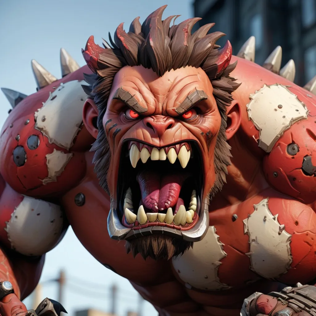 Prompt: A close-up shot of a hulking male beast from the Borderlands universe. The beast has a mix of fur and scales, with sharp claws and fangs. Its eyes are glowing red, and it has a menacing snarl on its face. The background is a dark and gritty wasteland, with industrial buildings and scrap metal scattered around.