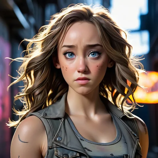 Prompt: A close-up shot of Alycia Debnam-Carey, known for her role as Alicia Clark, in the style of Borderlands. Alicia is a young woman with a determined expression and a fierce spirit. Her eyes are bright and her hair is mussed, and she has a determined look on her face. She is wearing a tattered tank top and jeans, and she is wielding a makeshift weapon. The background is a dark and gritty alleyway, with graffiti-covered walls and flickering neon lights.