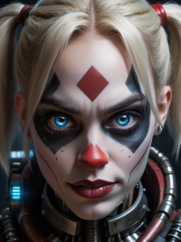 Prompt: Photorealistic portrait, Harley Quinn, extreme close-up, detailed face-skull-like mech with a combination of human and metallic characteristics, dark and moody color palette, glowing blue eyes, intricate mechanical textures, realistic lighting to emphasize the fusion of man and machine