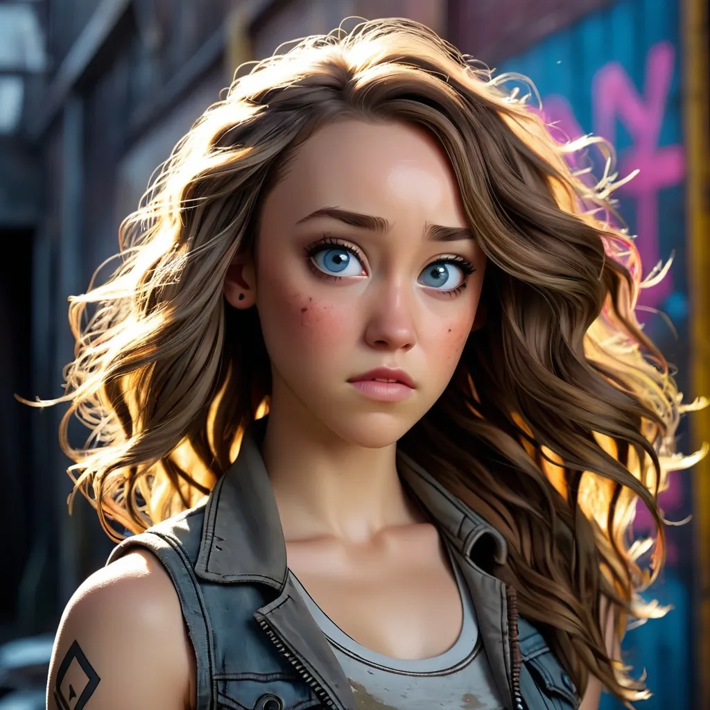 Prompt: A close-up shot of Alycia Debnam-Carey, known for her role as Alicia Clark, in the style of Borderlands. Alicia is a young woman with a determined expression and a fierce spirit. Her eyes are bright and her hair is mussed, and she has a determined look on her face. She is wearing a tattered tank top and jeans, and she is wielding a makeshift weapon. The background is a dark and gritty alleyway, with graffiti-covered walls and flickering neon lights.