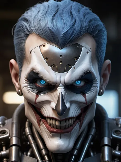 Prompt: Photorealistic portrait, Joker, extreme close-up, detailed face-skull-like mech with a combination of human and metallic characteristics, dark and moody color palette, glowing blue eyes, intricate mechanical textures, realistic lighting to emphasize the fusion of man and machine